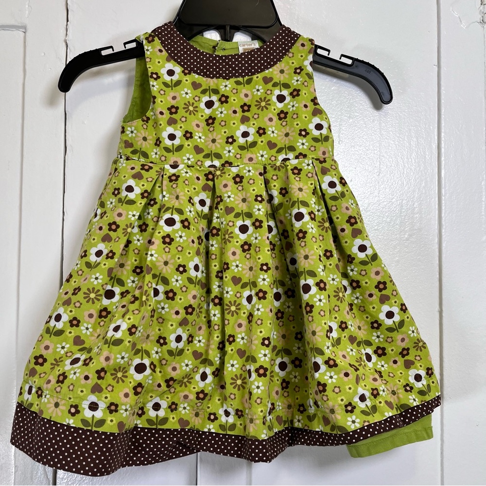Vintage Kids Carters Baby 18m Green Brown floral sundress‎ polka dot trim